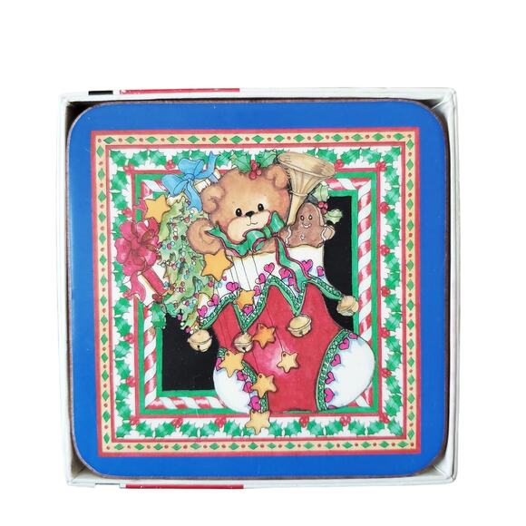 Vintage Pimpernel Christmas Bears Coasters Set of 6 Adult's Holiday 4.25x4.25" - Picture 1 of 5